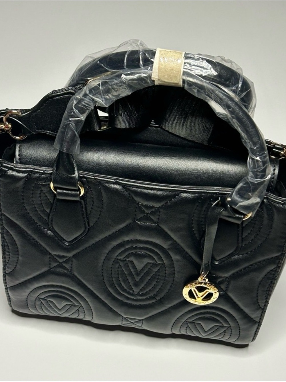 Valentino Orlandi Black Quilted Satchel Bag Gold Hardware Logo Charm NWT